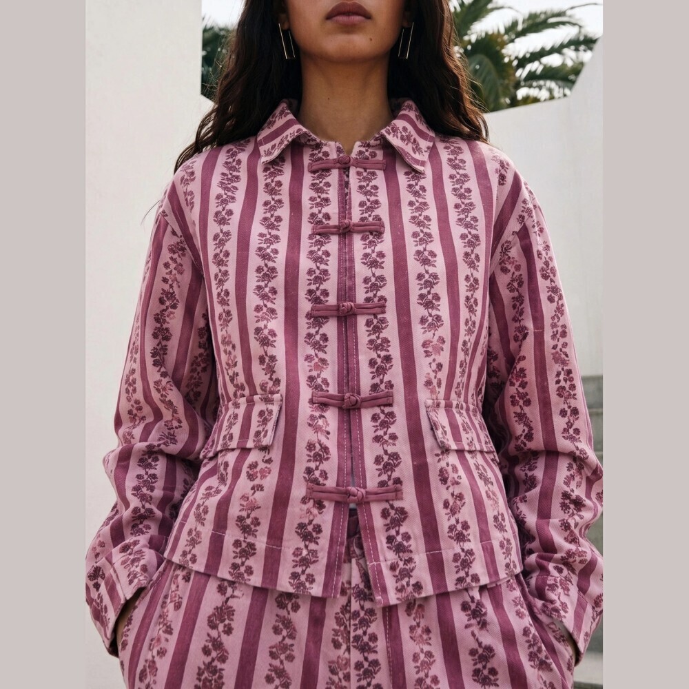 Pink Rosette Floral Stripe Light Denim Jacket with Frog Knot Button Closures